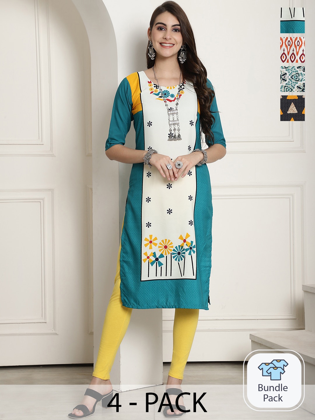 

7Threads Selection Of 4 Floral Printed Straight Kurtas, Blue