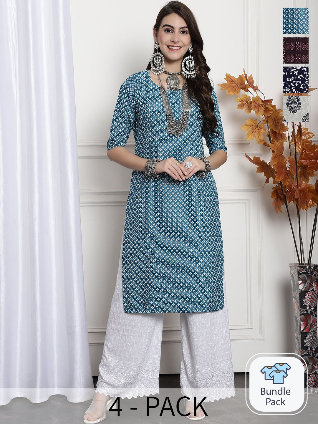 

7Threads A Selection of 4 Ethnic Motifs Printed Straight Kurta, Blue