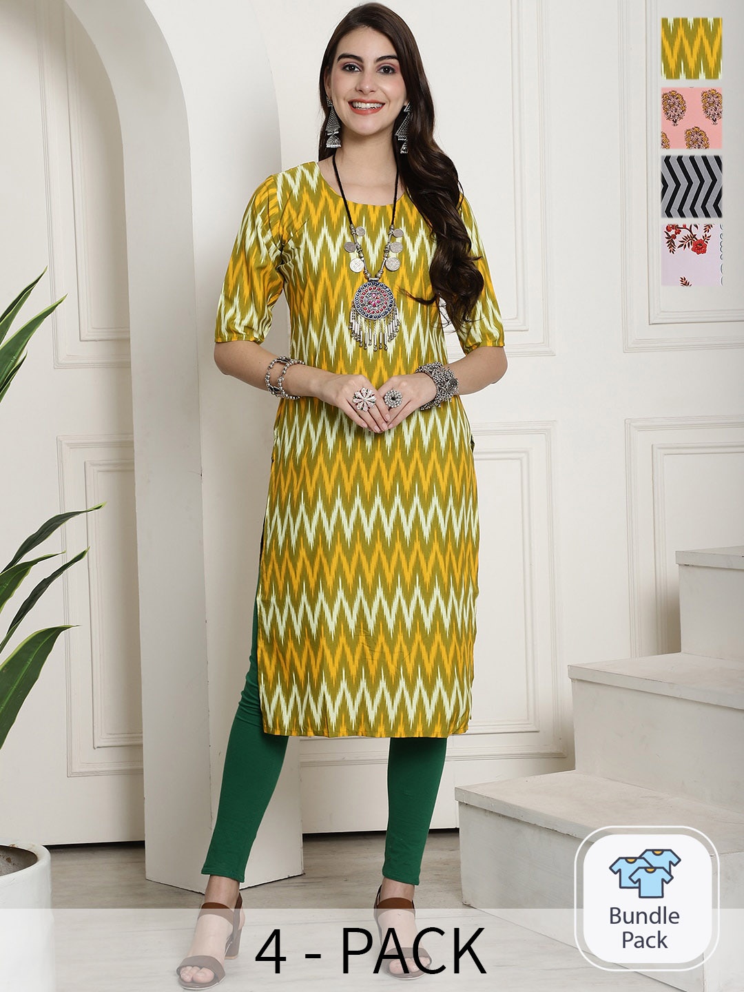 

7Threads Selection Of 4 Printed Straight Crepe Kurtas, Mustard