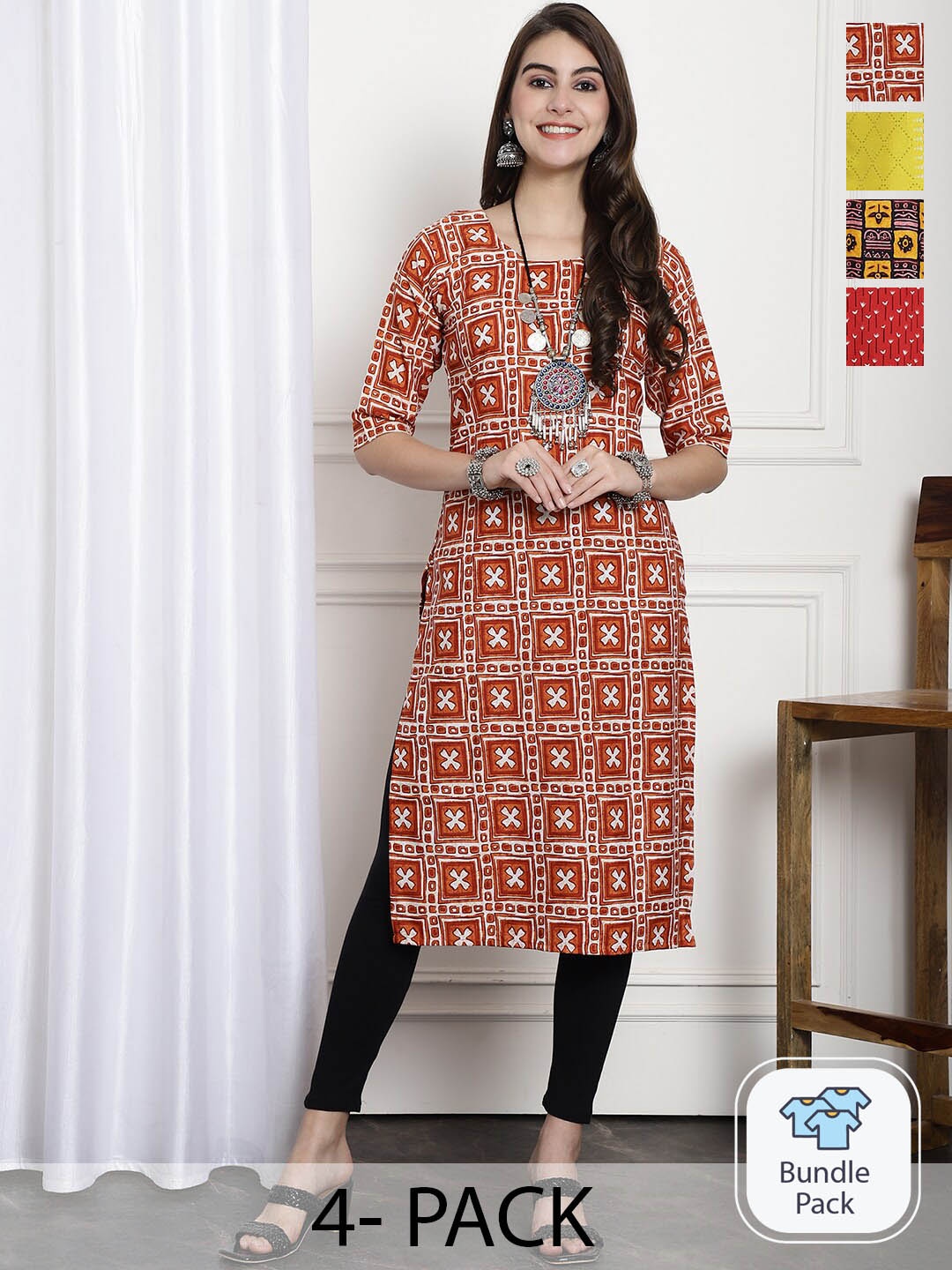 

7Threads Selection Of 4 Ethnic Motifs Printed Straight Kurta, Red