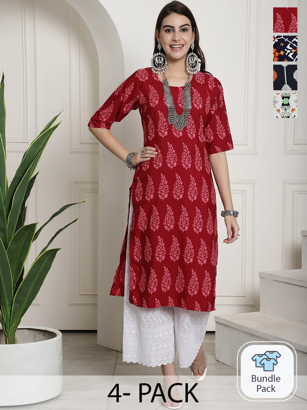 

7Threads Selection Of 4 Printed Round Neck Short Sleeves Crepe Straight Kurta, Maroon