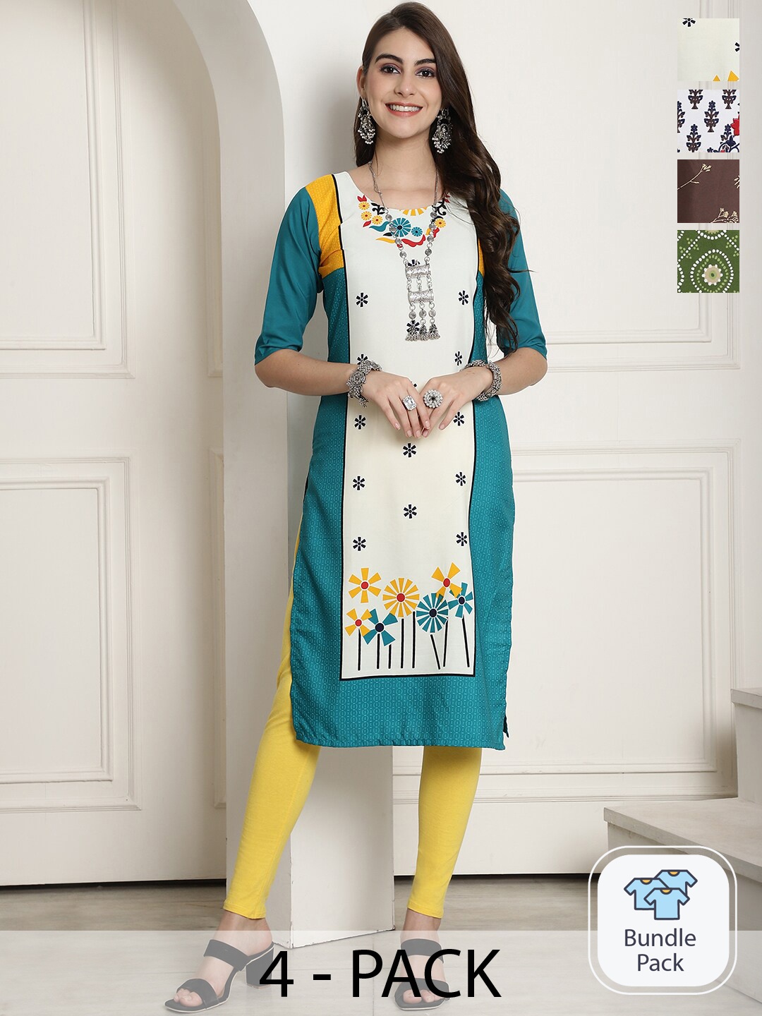 

7Threads Selection Of 4 Ethnic Motifs Printed Straight Kurta, Teal