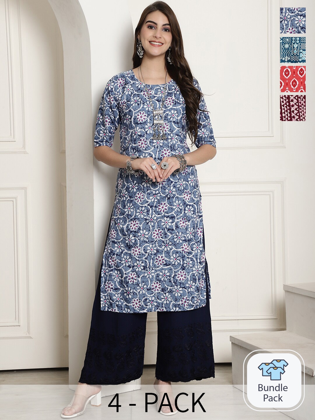 

7Threads Selection Of 4 Ethnic Motifs Printed Straight Crepe Kurta, Blue