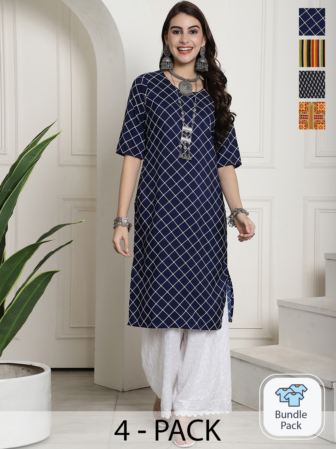 

7Threads Selection Of 4 Ethnic Motifs Printed Straight Crepe Kurta, Blue