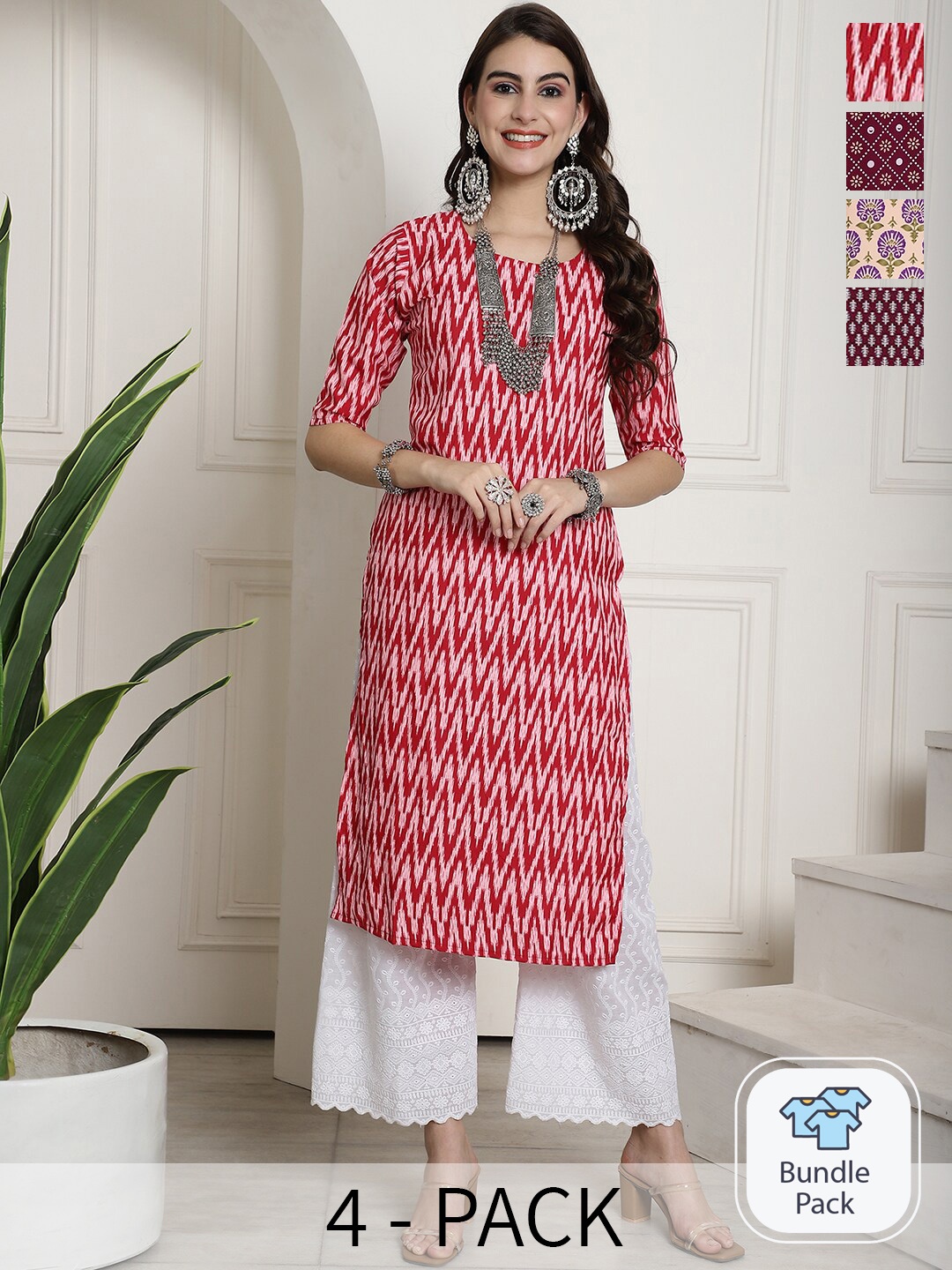 

7Threads Selection Of 4 Chevron Printed Straight Kurta, Red