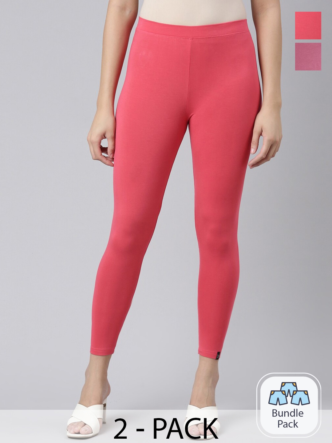 

Twin Birds Pack Of 2 Women Solid Skinny Fit High Ankle Cropped Leggings, Pink