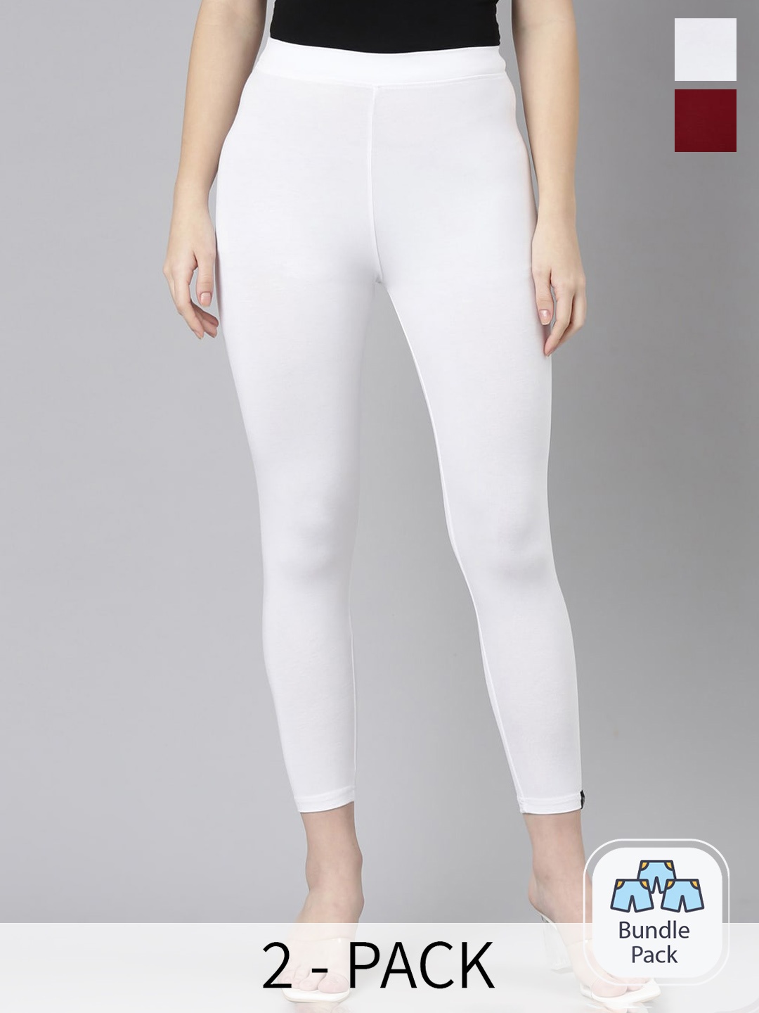 

Twin Birds Pack Of 2 Women Solid Skinny Fit High Ankle Cropped Leggings, White