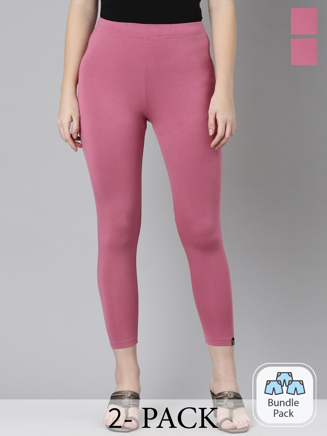 

Twin Birds Pack Of 2 Women Solid Skinny Fit High Ankle Cropped Leggings, Pink