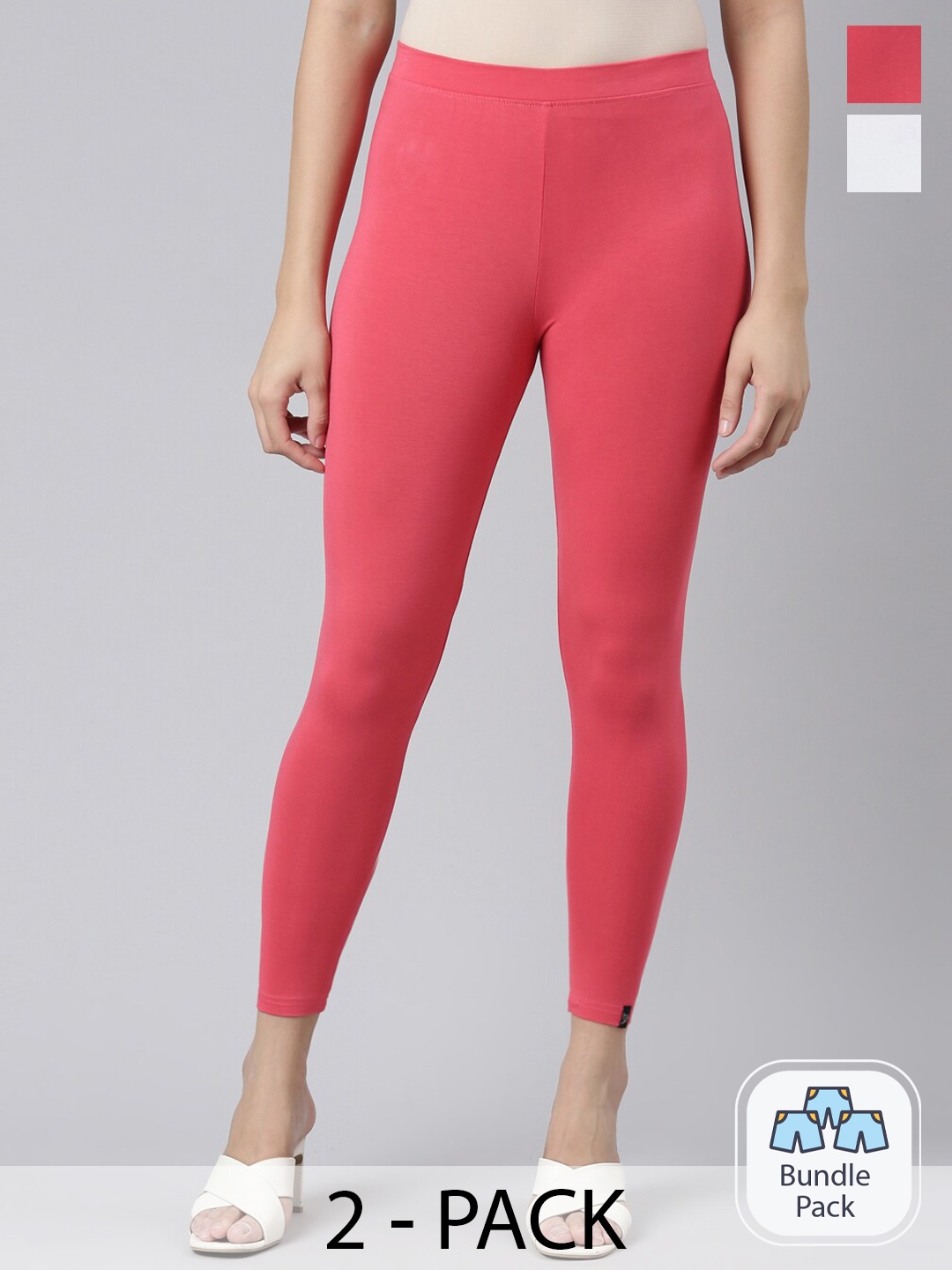 

Twin Birds Pack Of 2 Women Solid Skinny Fit High Ankle Cropped Leggings, Coral