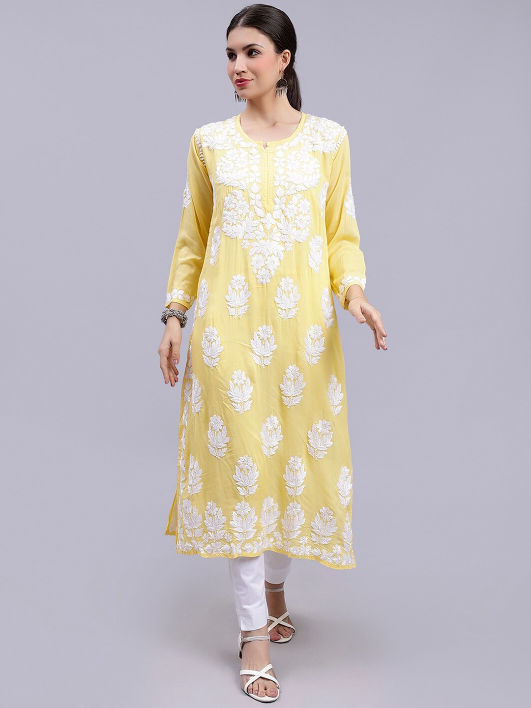 

Seva Chikan Ethnic Motifs Lucknowi Chikankari Embroidered Regular Modal Kurta, Yellow