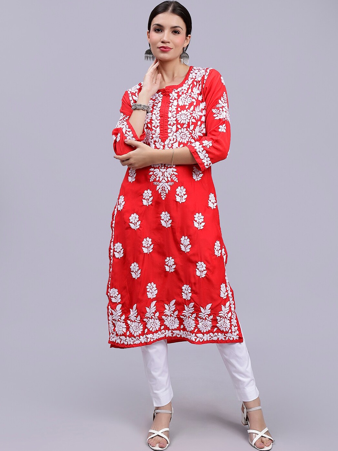 

Seva Chikan Women Red Ethnic Motifs Embroidered Chikankari Handloom Kurta