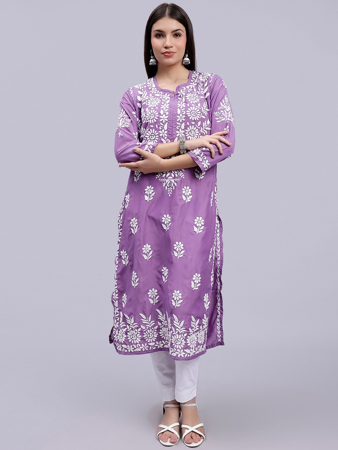 

Seva Chikan Women Mauve Ethnic Motifs Embroidered Lucknowi Chikankari Kurta