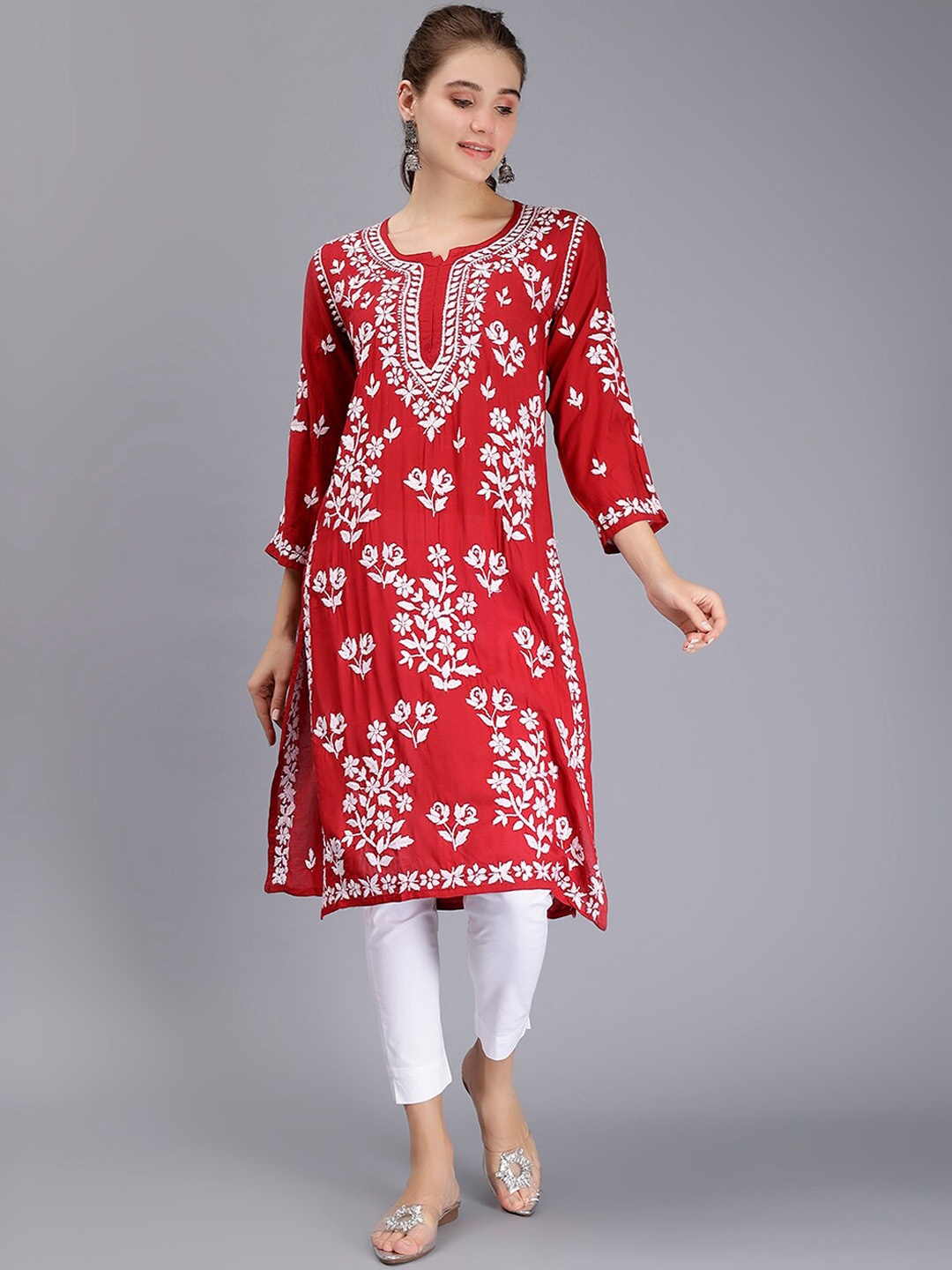 

Seva Chikan Ethnic Motifs Lucknowi Chikankari Embroidered Regular Modal Kurta, Maroon