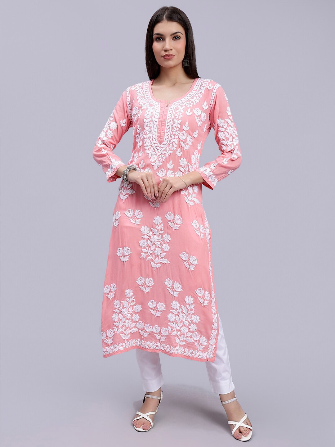 

Seva Chikan Floral Embroidered Lucknowi Chikankari Straight Kurta, Peach