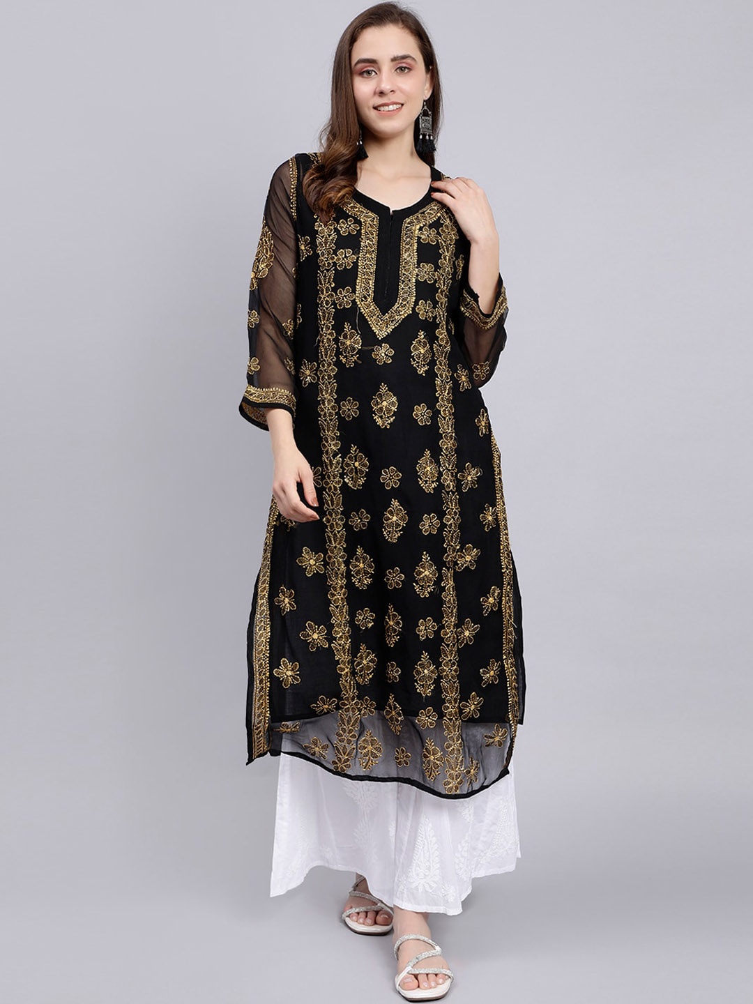 

Seva Chikan Ethnic Motifs Lucknowi Chikankari Embroidered Regular Kurta With Camisole, Black