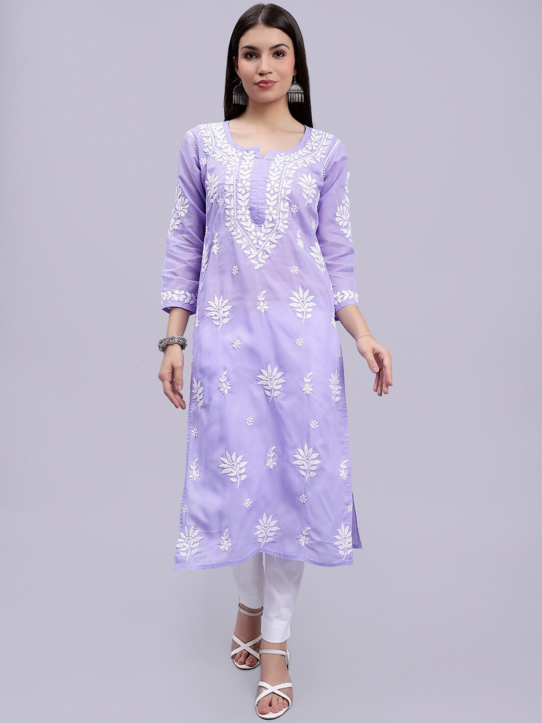 

Seva Chikan Ethnic Motifs Embroidered Lucknowi Chikankari Cotton Straight Kurta, Mauve