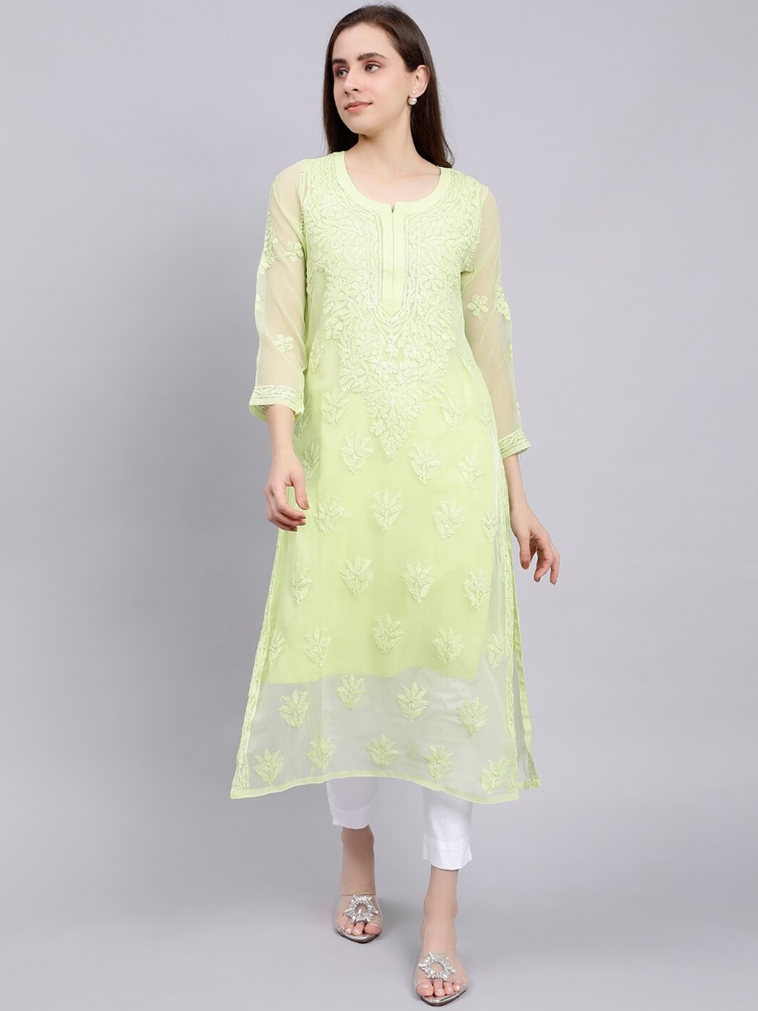 

Seva Chikan Floral Embroidered Lucknowi Chikankari Straight Kurta With Slip, Green