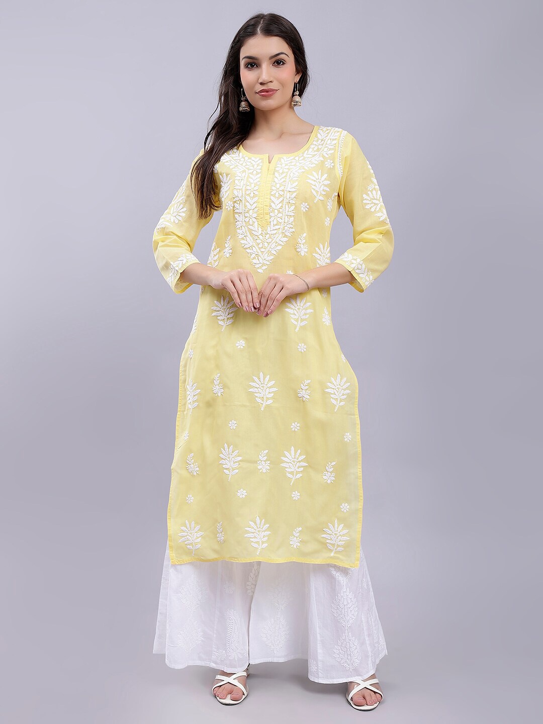 

Seva Chikan Ethnic Motifs Embroidered Lucknowi Chikankari Kurta, Yellow