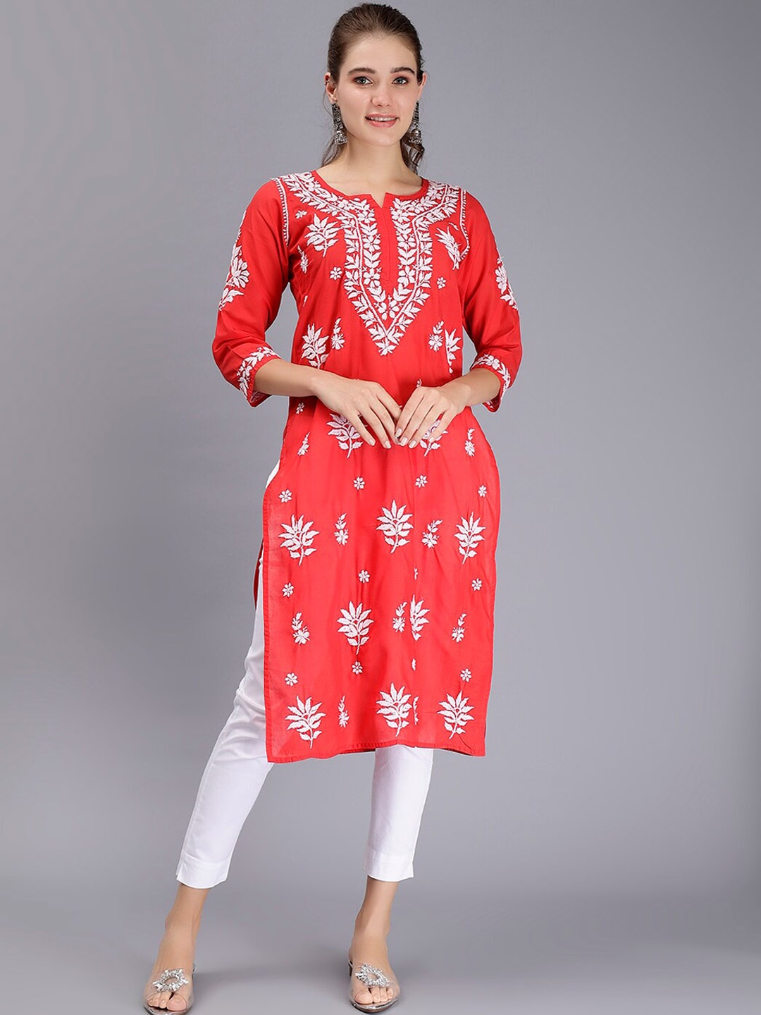 

Seva Chikan Ethnic Motifs Embroidered Lucknowi Chikankari Cotton Straight Kurta, Red