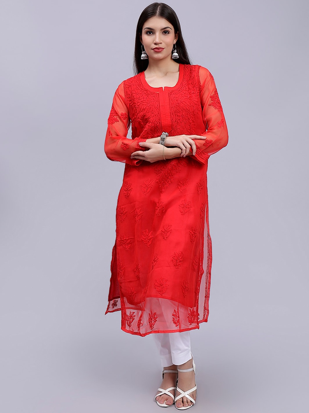 

Seva Chikan Ethnic Motifs Lucknowi Chikankari Embroidered Regular Kurta With Camisole, Red