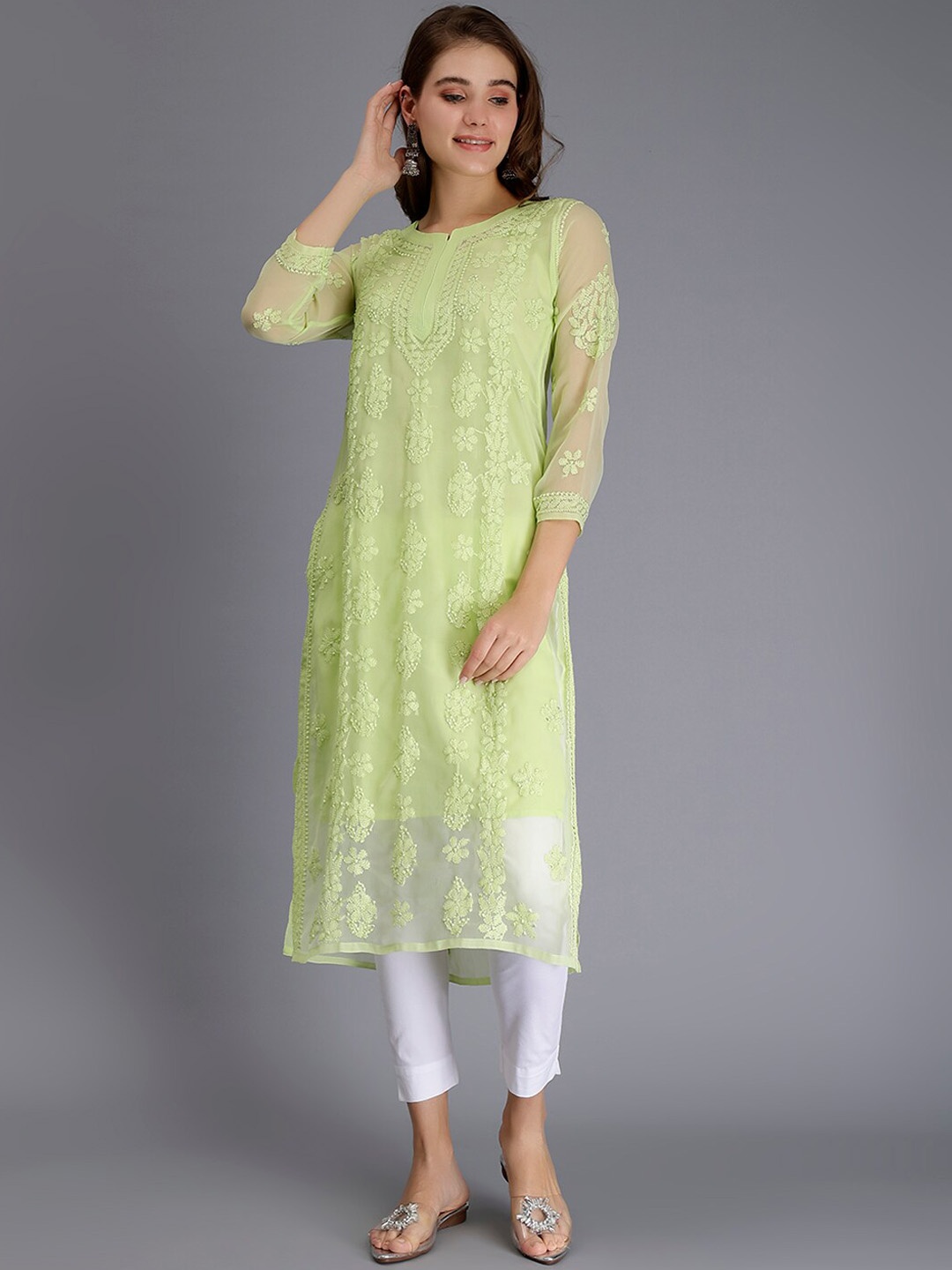 

Seva Chikan Floral Embroidered Lucknowi Chikankari Straight Georgette Kurta With Slip, Green