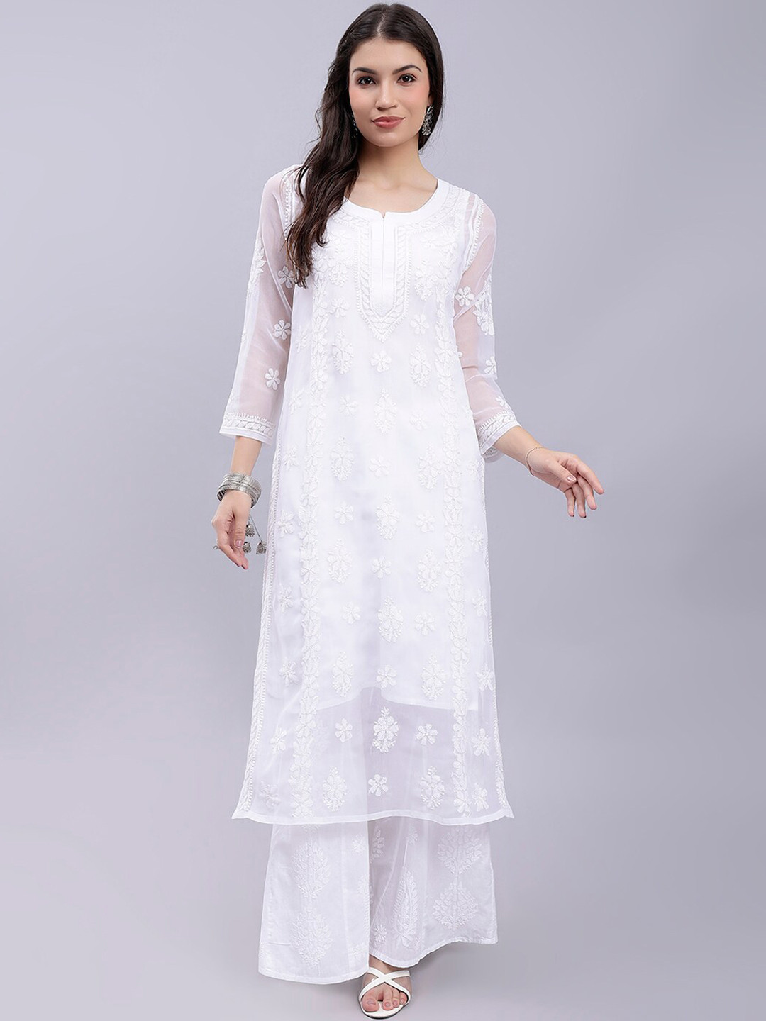 

Seva Chikan Floral Embroidered Lucknowi Chikankari Straight Kurta With Slip, White