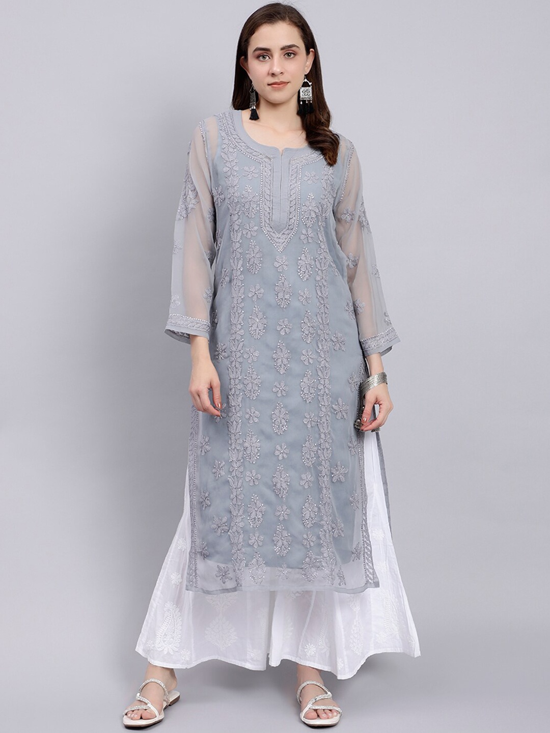 

Seva Chikan Floral Embroidered Lucknowi Chikankari Straight Kurta With Slip, Grey