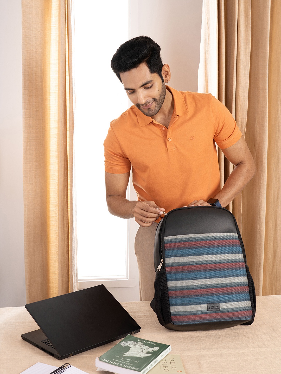 

ZOUK Mysore Mosaic Striped Backpack with Compression Straps - 16 L, Black