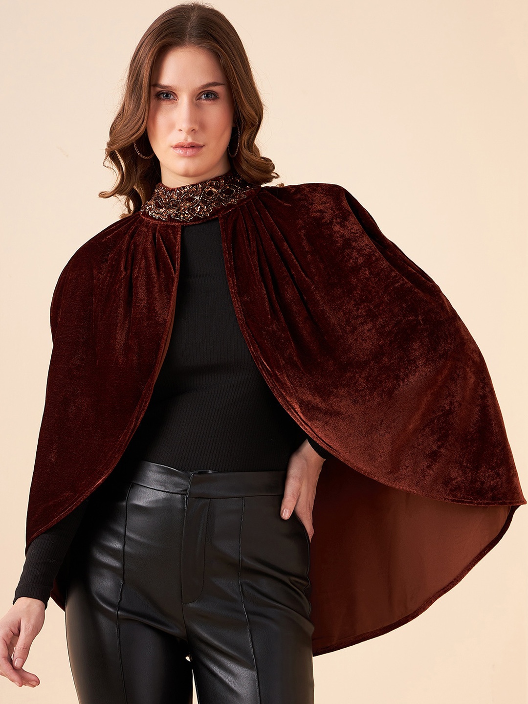 

Antheaa Mock Collar Three-Quarter Sleeve Embellished Poncho Sweater, Brown