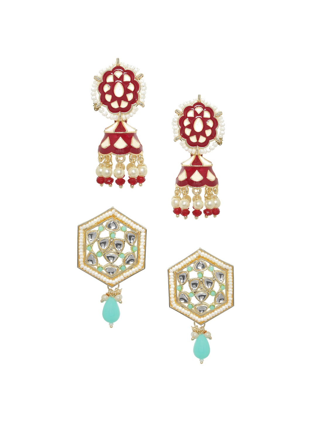 

Rubans Set of 2 Gold-Plated Kundan-Studded & Beaded Jhumkas & Drop Earrings