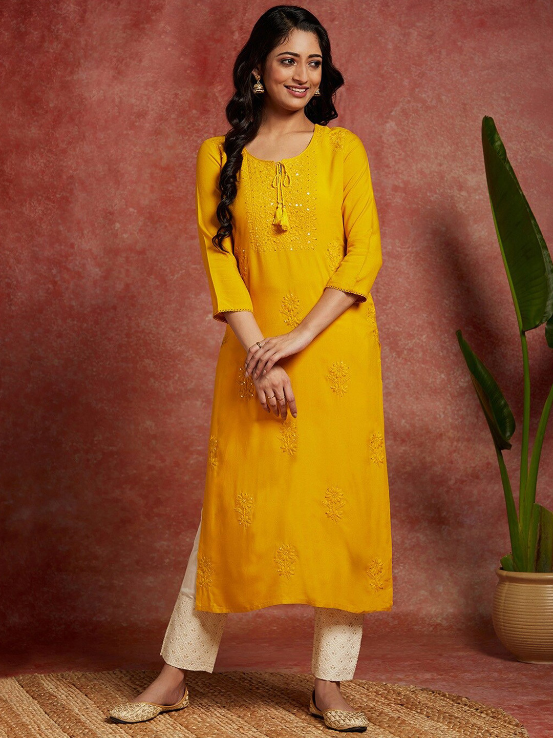 

Libas Floral Embroidered Tie-Up Neck Sequins Straight Ethnic Kurta, Yellow