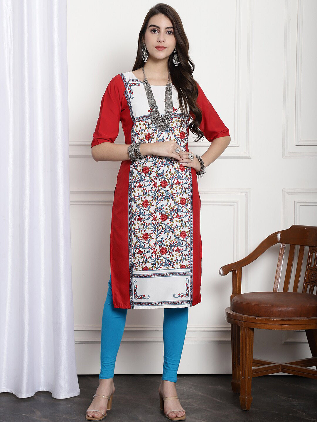 

Ethnic basket Floral Printed Straight Crepe Kurta, Red
