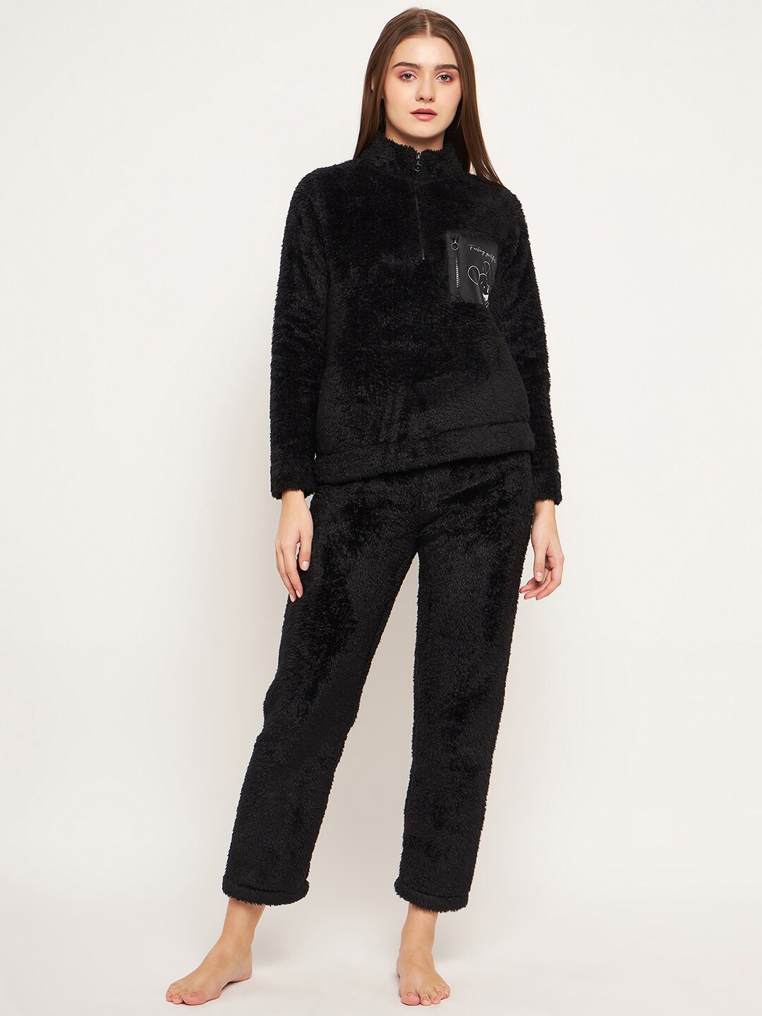 

MADAME M SECRET Mock Collar Long Sleeves Sweatshirt With Pyjamas, Black