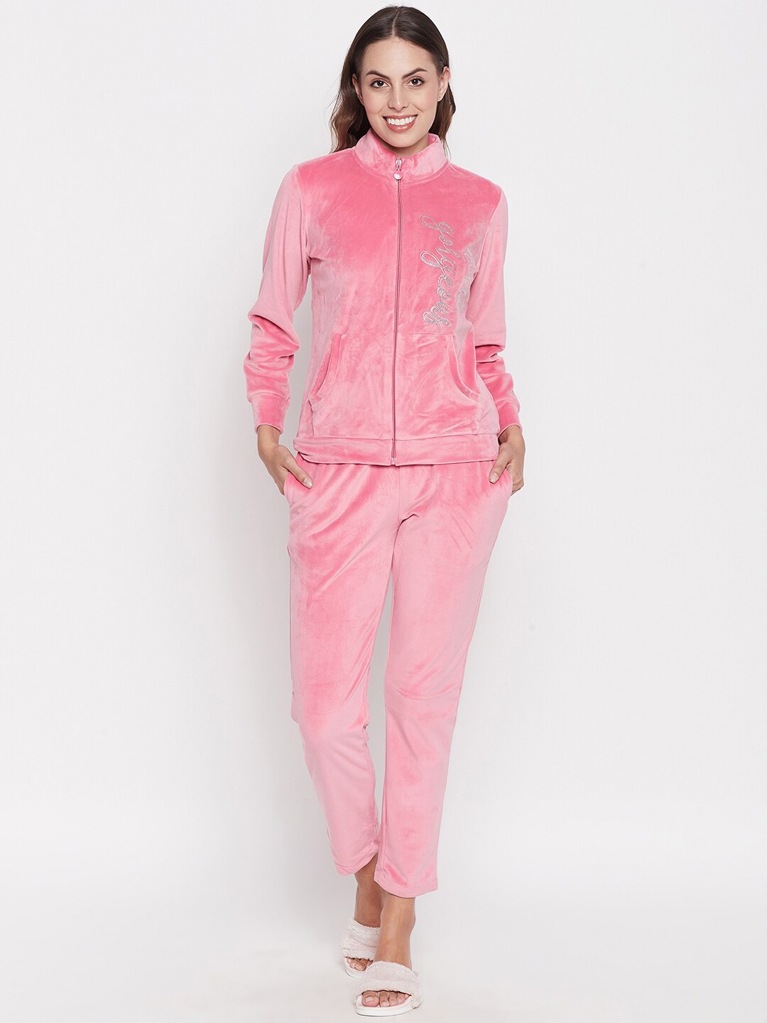 

MADAME M SECRET Mock Collar Long Sleeves Sweatshirt With Pyjamas, Pink