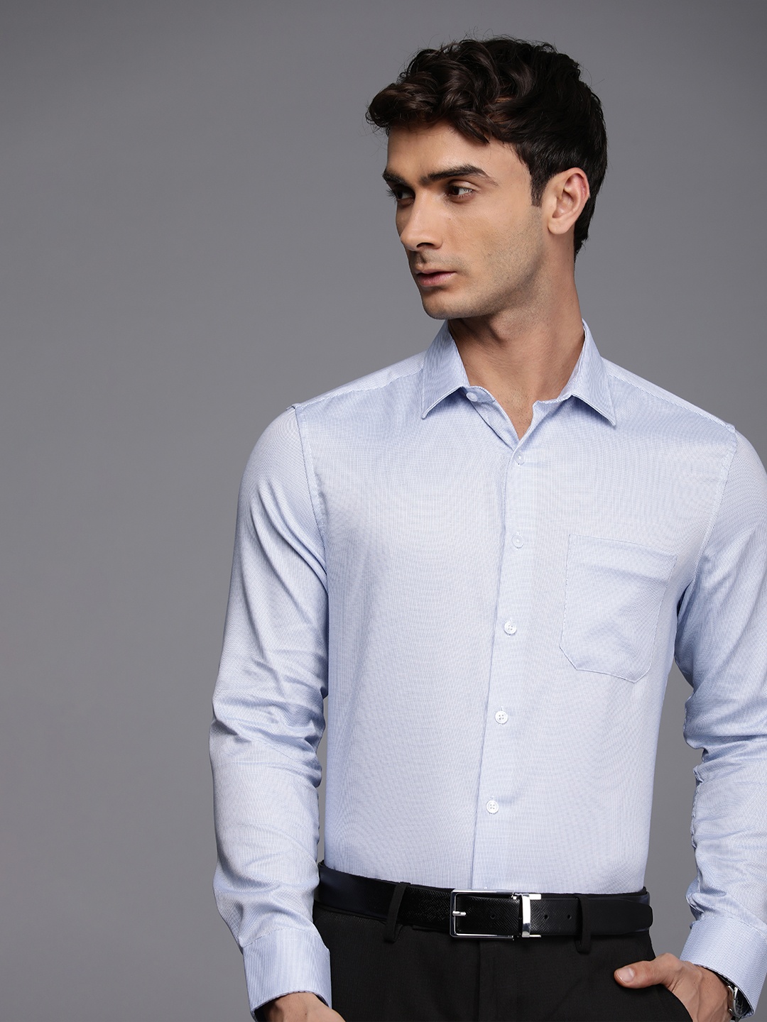 

Louis Philippe Pure Cotton Textured Slim Fit Opaque Formal Shirt, Blue