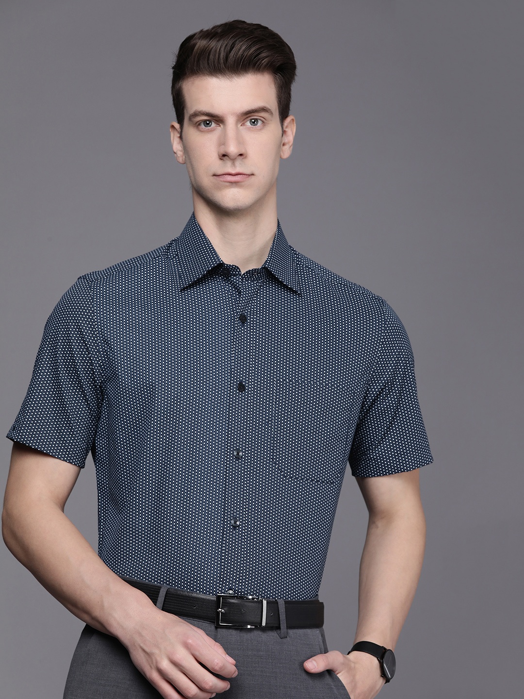 

Louis Philippe Men Pure Cotton Classic Printed Formal Shirt, Navy blue