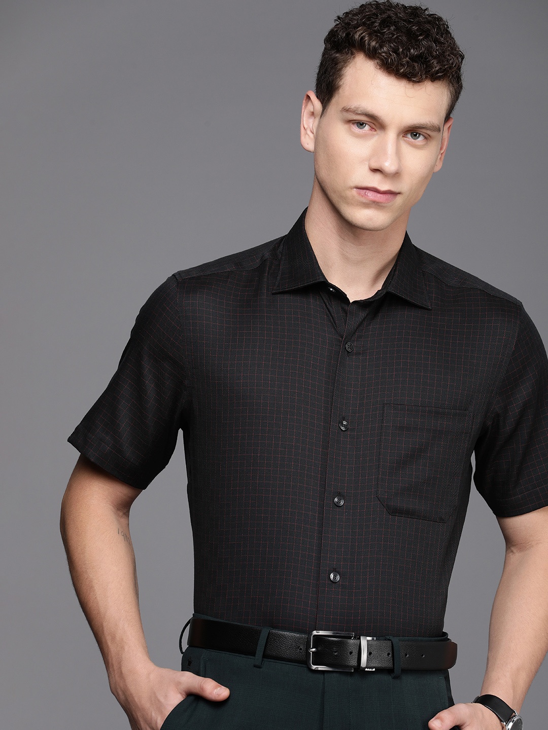 

Louis Philippe Pure Cotton Classic Grid Tattersall Checked Formal Shirt, Black