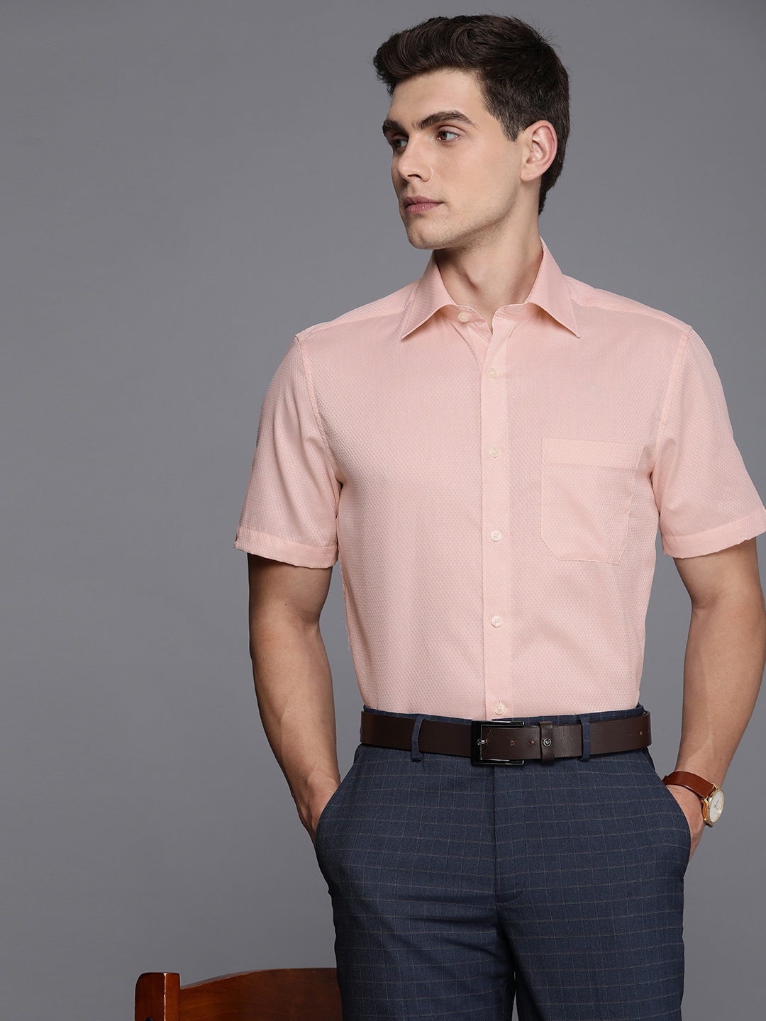 

Louis Philippe Classic Fit Pure Cotton Opaque Self Design Formal Shirt, Peach