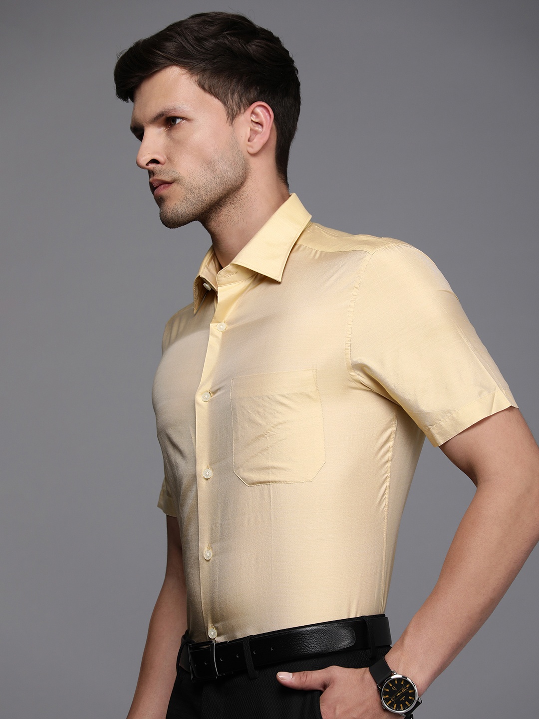 

Louis Philippe Solid Classic Fit Pure Silk Formal Shirt, Beige