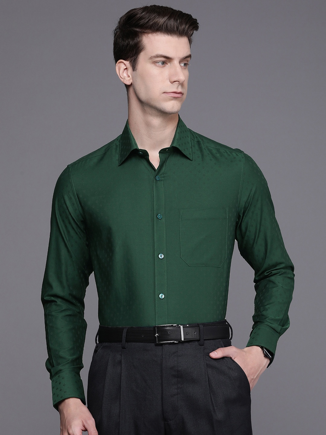 

Louis Philippe Geometric Self Design Classic Fit Pure Cotton Formal Shirt, Green