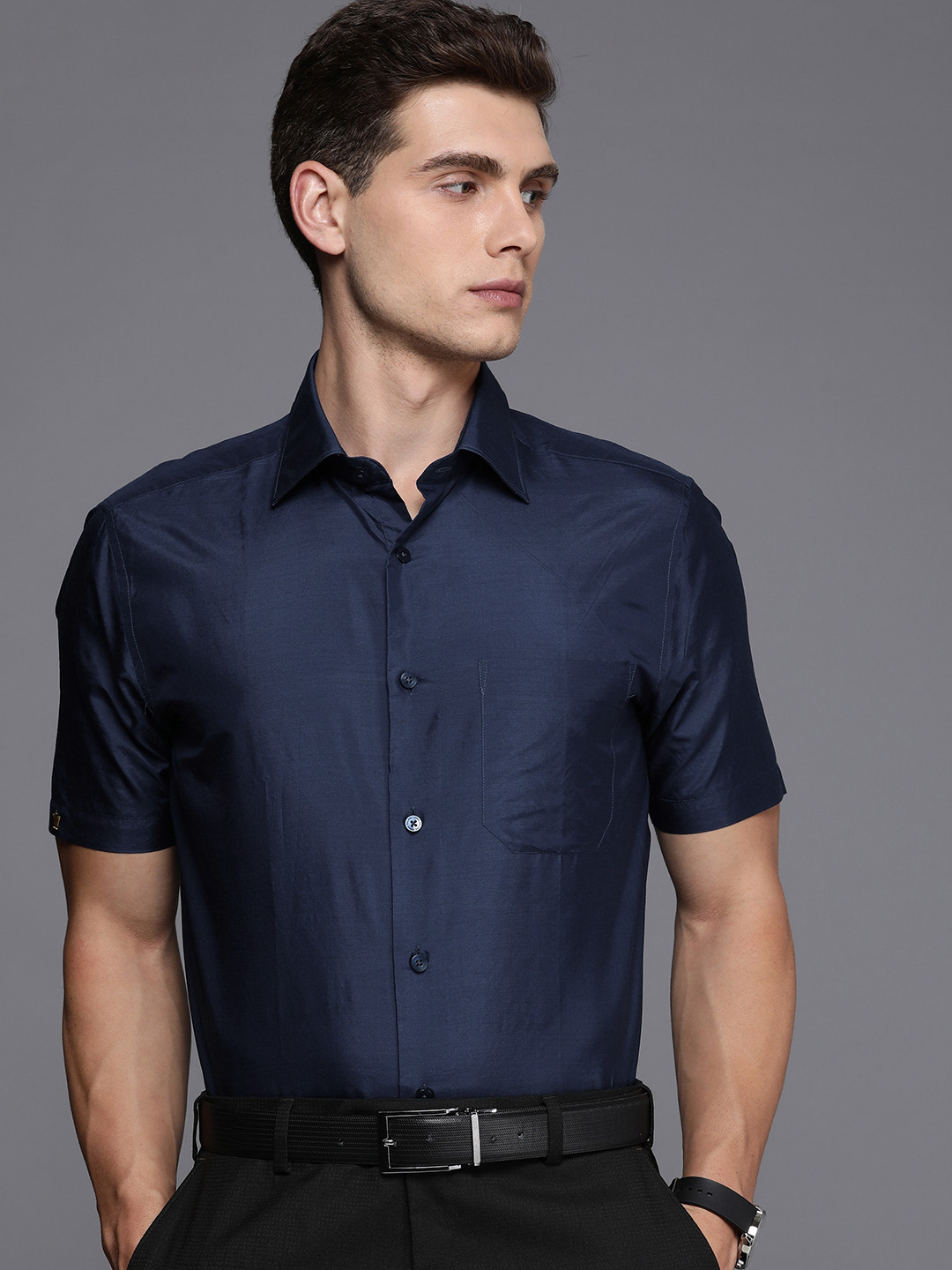 

Louis Philippe Solid Classic Fit Pure Silk Formal Shirt, Navy blue