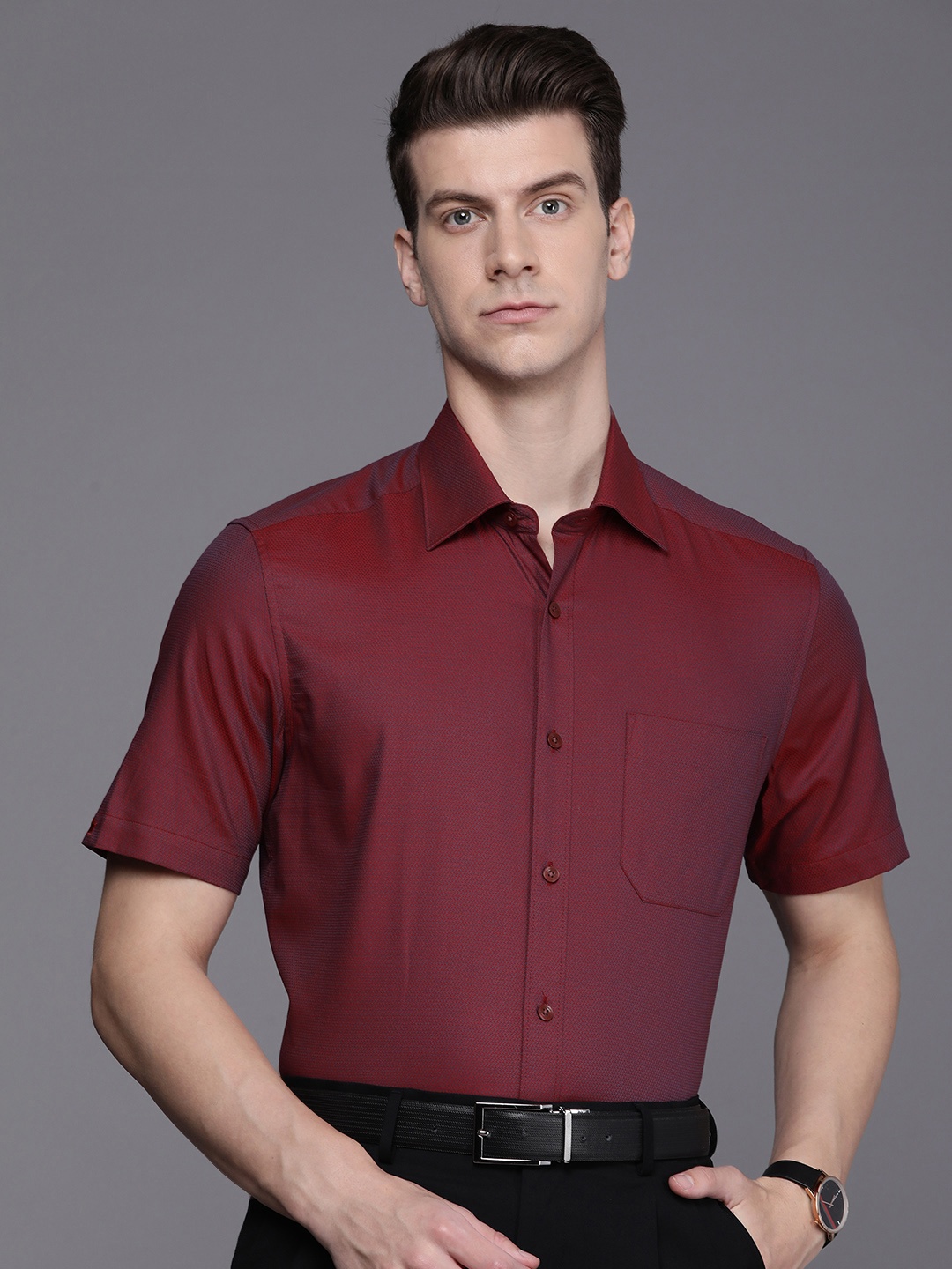 

Louis Philippe Pure Cotton Self Design Classic Fit Textured Formal Shirt, Maroon