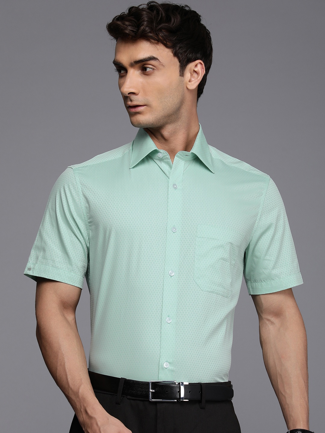 

Louis Philippe Pure Cotton Self Design Textured Classic Opaque Formal Shirt, Green