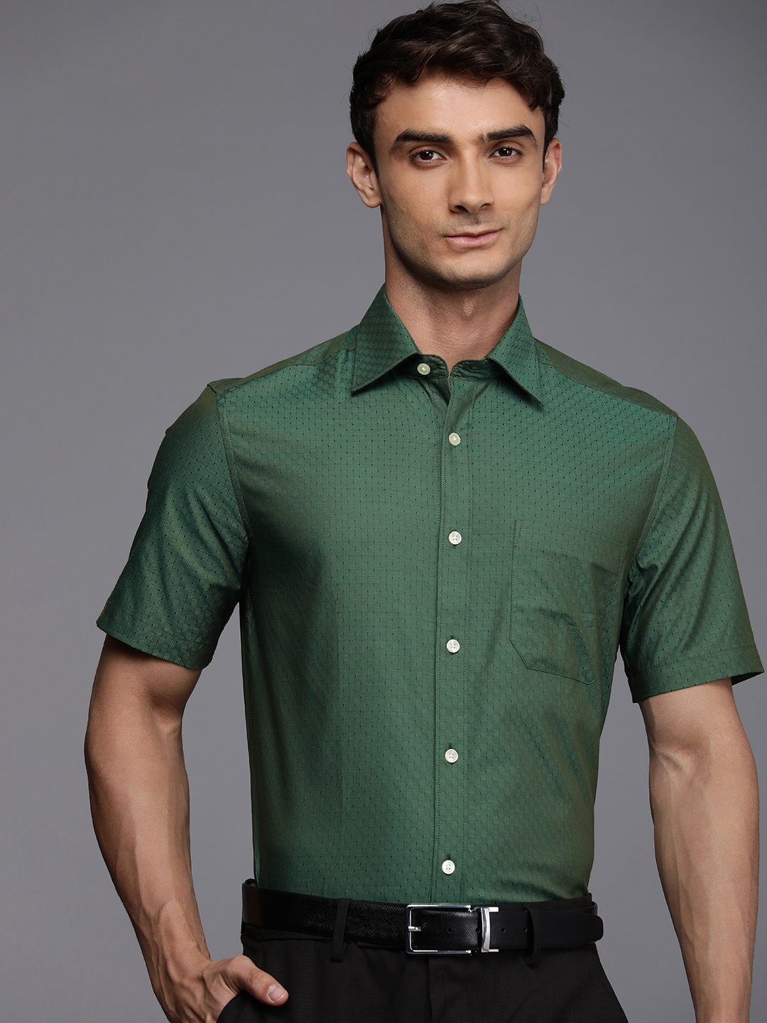 

Louis Philippe Pure Cotton Self Design Textured Classic Opaque Formal Shirt, Green