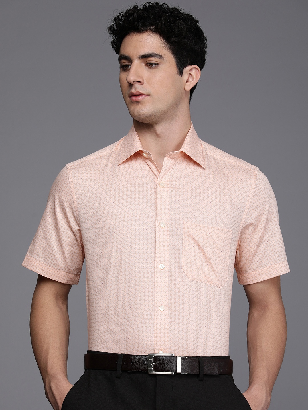 

Louis Philippe Classic Fit Geometric Printed Pure Cotton Formal Shirt, Orange