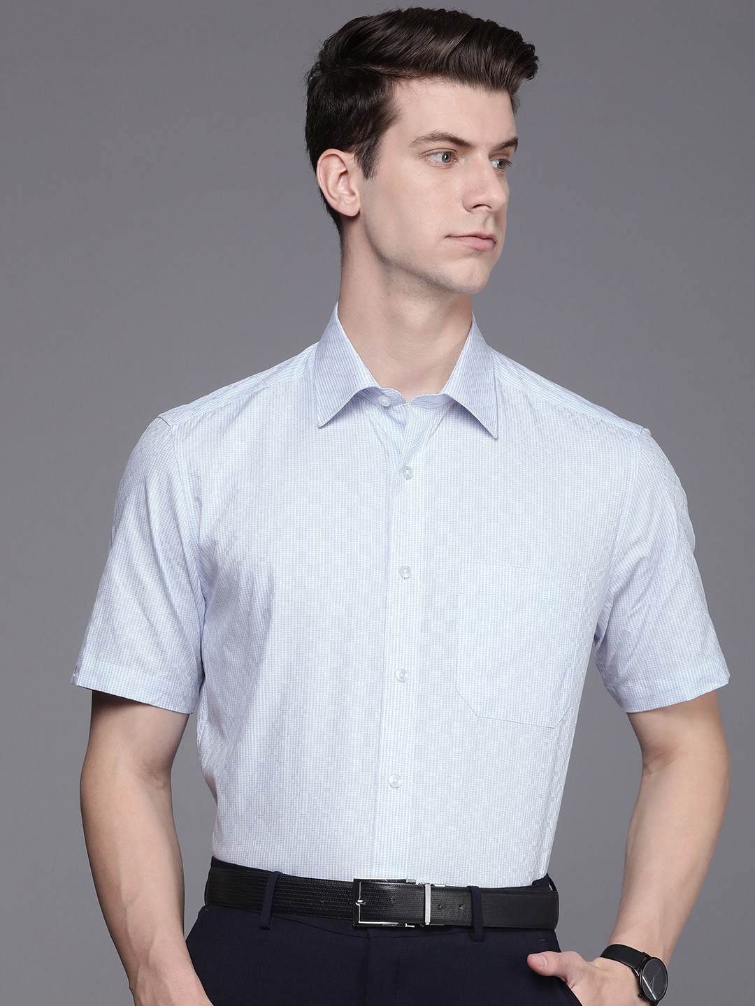 

Louis Philippe Men Pure Cotton Classic Micro Checks Formal Shirt, Blue