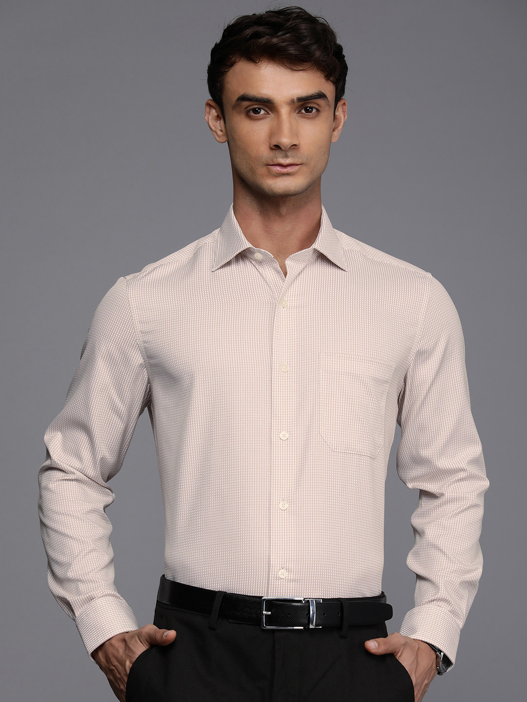 

Louis Philippe Micro Checked Pure Cotton Formal Shirt, Cream