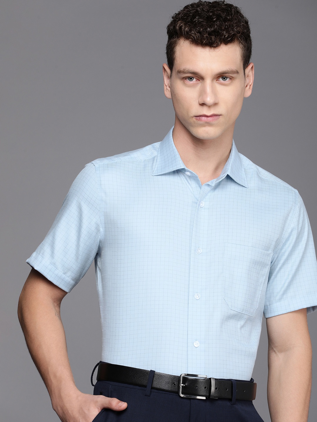 

Louis Philippe Pure Cotton Classic Grid Tattersall Checked Formal Shirt, Blue
