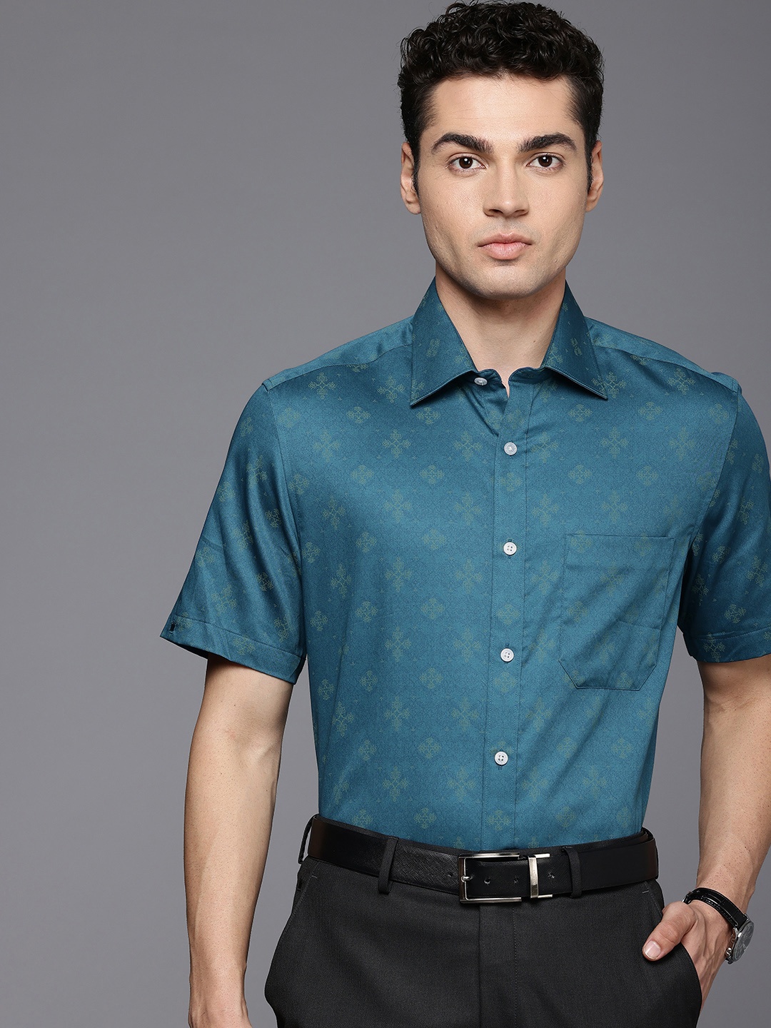 

Louis Philippe Pure Cotton Classic Fit Ethnic Motifs Printed Formal Shirt, Teal