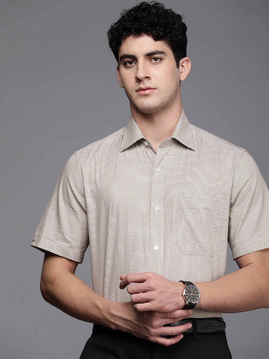 

Louis Philippe Men Pure Cotton Micro Checks Formal Shirt, Taupe